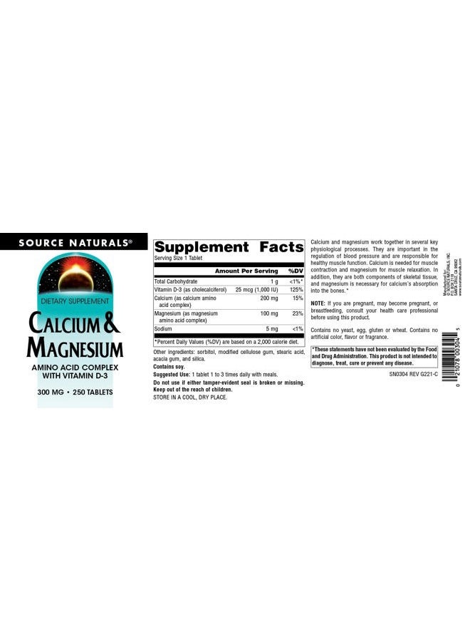 Source Naturals Calcium & Magnesium, Amino Acid Complex with Vitamin D-3, 300 MG - 250 Tablets  - Image 4