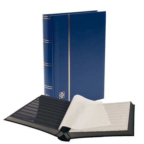 LIGHTHOUSE – “BASIC” Hard Cover Stockbook for Stamps - 64 Black Cardstock A4 Pages with Clear Strips and Double Linen Hinges - Blue - Image 1