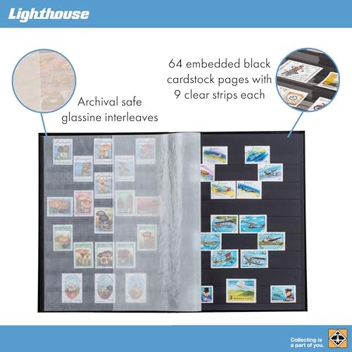 LIGHTHOUSE – “BASIC” Hard Cover Stockbook for Stamps - 64 Black Cardstock A4 Pages with Clear Strips and Double Linen Hinges - Blue - Image 3