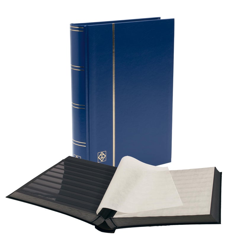 LIGHTHOUSE – “BASIC” Hard Cover Stockbook for Stamps - 64 Black Cardstock A4 Pages with Clear Strips and Double Linen Hinges - Blue - Image 5