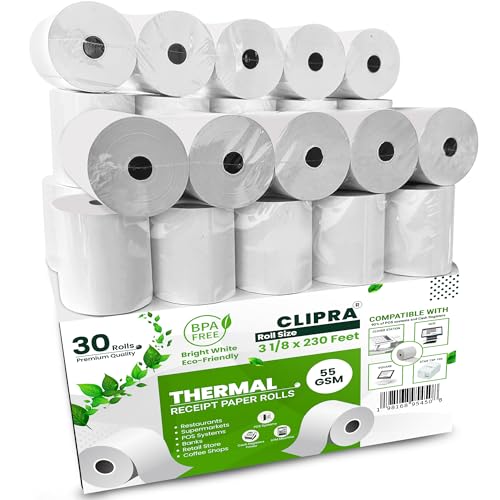 Clipra 3 1/8 x 230ft Thermal Paper Receipt Rolls (30 PACK) 55 GSM - Compatible with ALL POS Systems, Cash Registers - BPA Free, Premium Quality Receipt Paper Rolls - Image 1