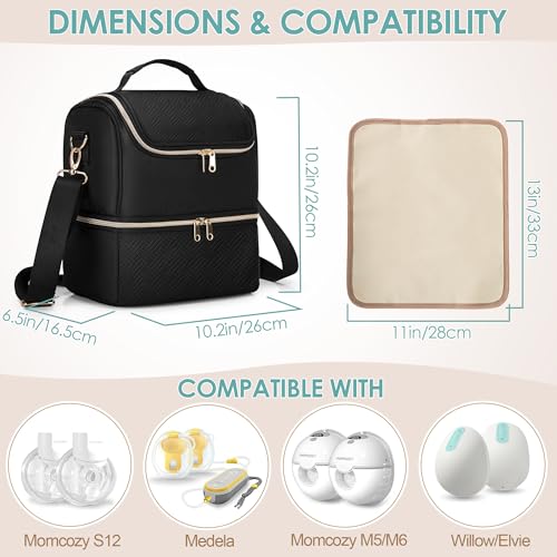 Fasrom Breast Pump Bag with Cooler Compartment Compatible with Momcozy Medela and Willow Hands Free Pump Pumping Tote with Waterproof Mat Black - Image 3