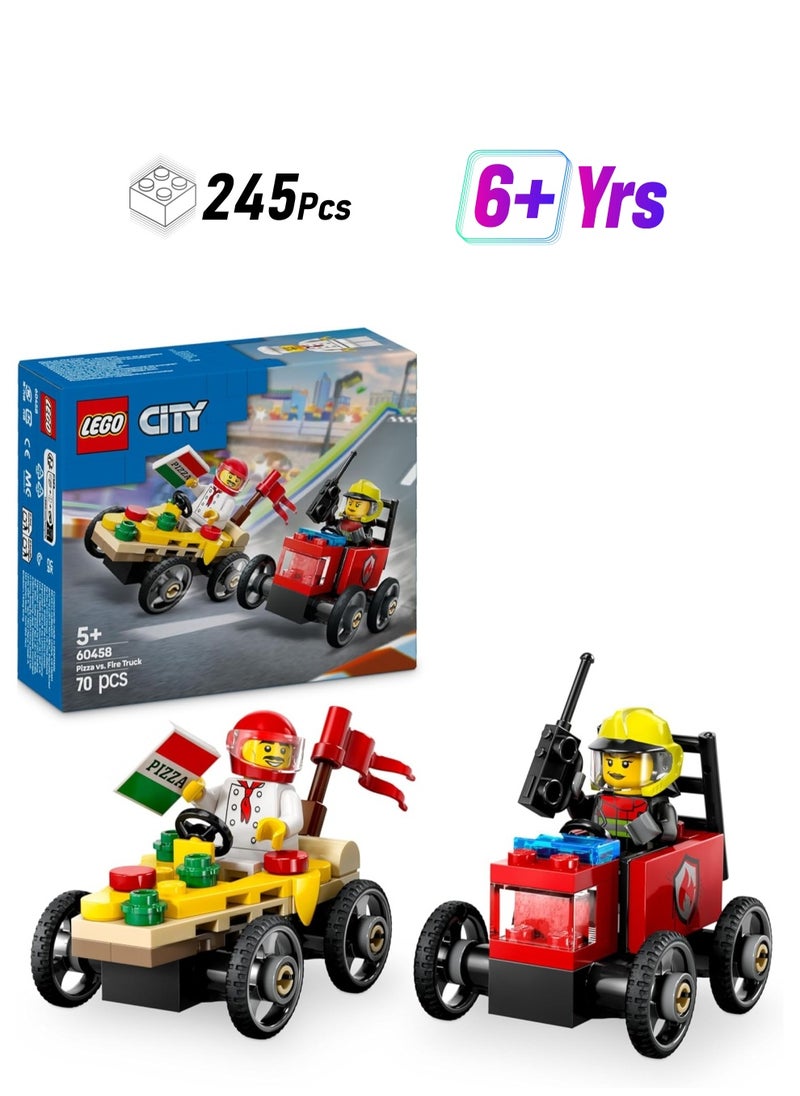 LEGO LEGO Pizza vs. Fire Truck Race Car Pack Toy - Vehicle Set Includes 2 Minifigures - 60458  - Image 1