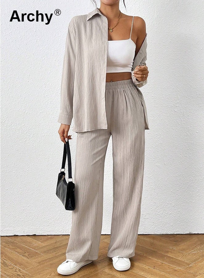 Archy Women's Solid Color Two-Piece Set - Long Sleeve Button-Up Shirt & High-Waist Wide-Leg Pants | Casual Elegant Suit Co-Ord Set - Image 4