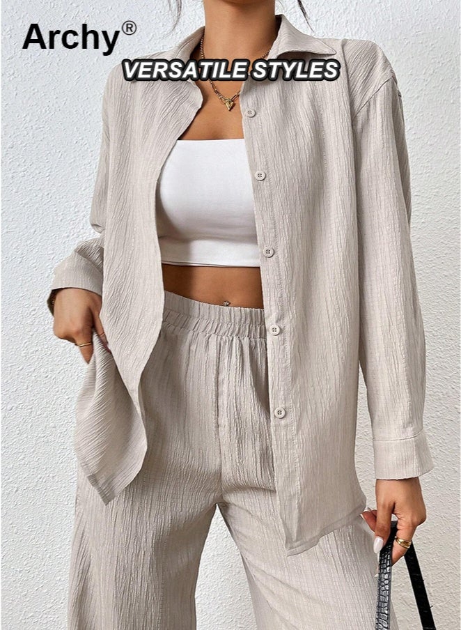 Archy Women's Solid Color Two-Piece Set - Long Sleeve Button-Up Shirt & High-Waist Wide-Leg Pants | Casual Elegant Suit Co-Ord Set - Image 2