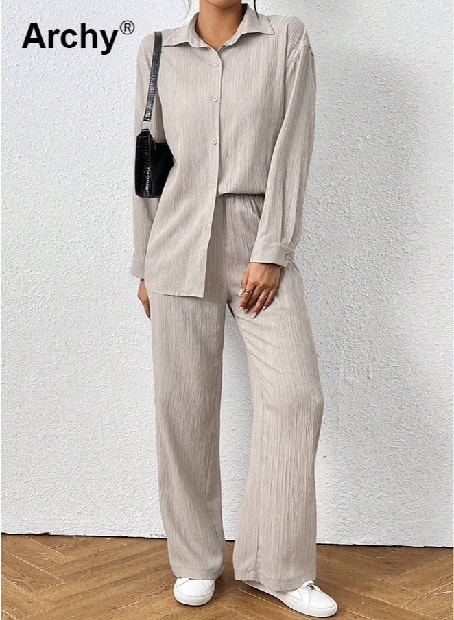 Archy Women's Solid Color Two-Piece Set - Long Sleeve Button-Up Shirt & High-Waist Wide-Leg Pants | Casual Elegant Suit Co-Ord Set - Image 5