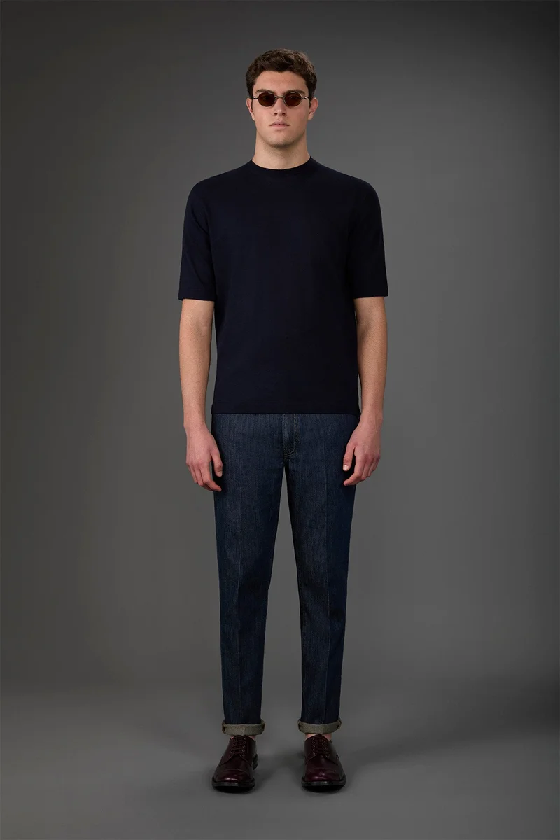 Men's 100% cotton crepe knitted T-Shirt with short sleeves - Blue Navy