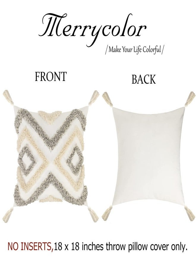 Merrycolor White Grey Boho Pillow Covers 18x18 with Tassels Tufted Decorative Gray Throw Pillows Neutral Modern Accent Pillowcase Farmhouse Square Cushion Covers for Couch Sofa Bedroom Living Room - Image 3