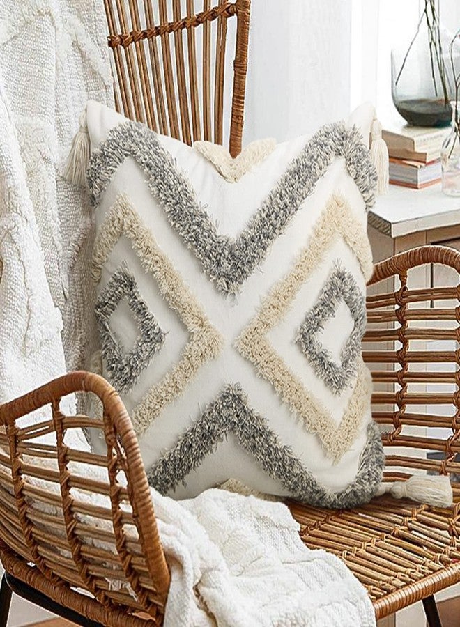 Merrycolor White Grey Boho Pillow Covers 18x18 with Tassels Tufted Decorative Gray Throw Pillows Neutral Modern Accent Pillowcase Farmhouse Square Cushion Covers for Couch Sofa Bedroom Living Room - Image 1