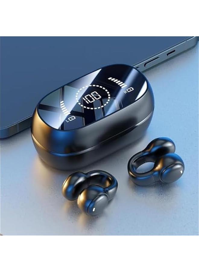 Bluetooth Ear Clip Headphone Wireless On Ear Earphones Open air Conduction Sports Headset TWS Noise Reduction Earbuds with mirror digital power display charge case-Black - Image 1