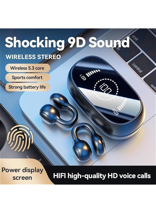 Bluetooth Ear Clip Headphone Wireless On Ear Earphones Open air Conduction Sports Headset TWS Noise Reduction Earbuds with mirror digital power display charge case-Black - Image 2