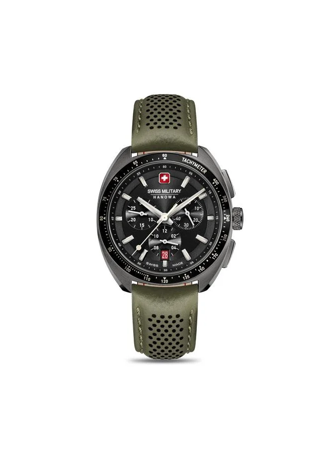 سويس ميليتري هانوا Defender 41mm Men's Chronograph Watch with Olive Green Genuine Leather Strap