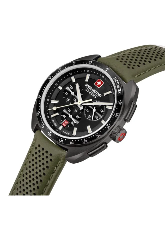 سويس ميليتري هانوا Defender 41mm Men's Chronograph Watch with Olive Green Genuine Leather Strap