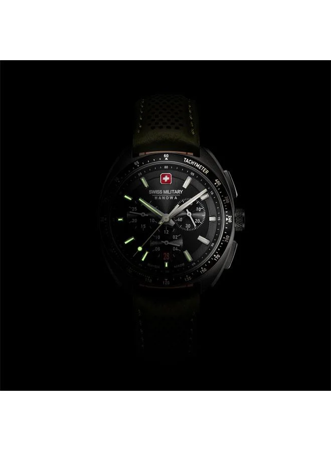 SWISS MILITARY HANOWA Defender 41mm Men's Chronograph Watch with Olive Green Genuine Leather Strap