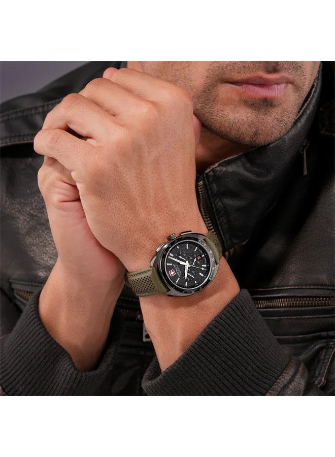 SWISS MILITARY HANOWA Defender 41mm Men's Chronograph Watch with Olive Green Genuine Leather Strap