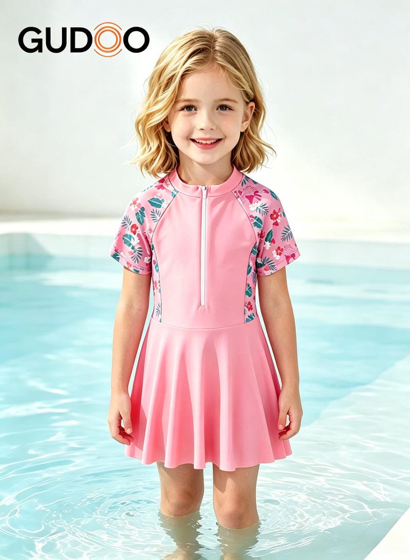 GUDOO Girls’ Two-Piece Skirted Swimsuit Set – Swim Top with Skirt & Matching Bottoms, Sun-Protective Pink Kids’ Swimwear - Image 1