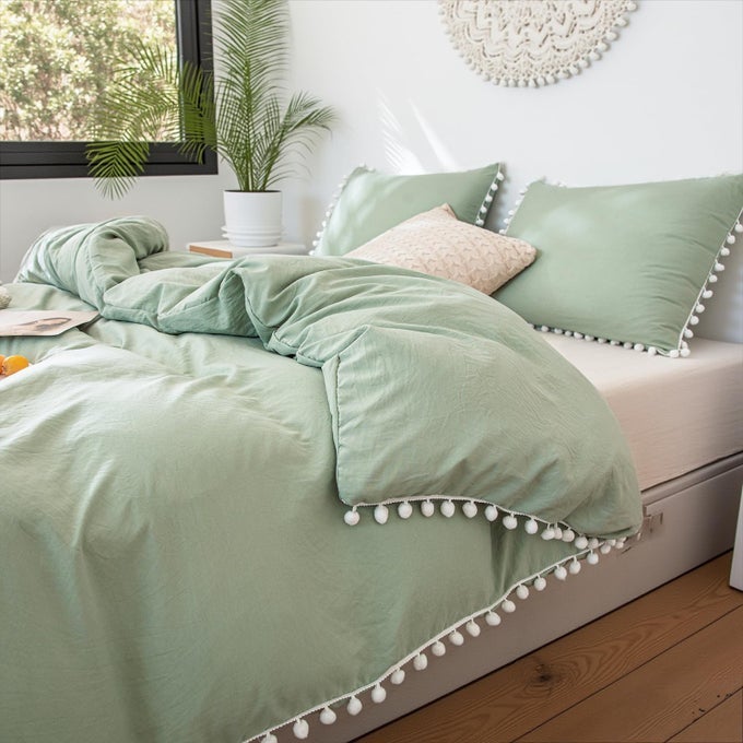 SAGE GREEN KING SIZE POM POM COMFORTER SET GREEN BEDDING FARMHOUSE BOHO COMFORTER SET 3 PIECES 100 WASHED MICROFIBER SOFT LIGHTWEIGHT FLUFFY COMFORTER KING BED SET