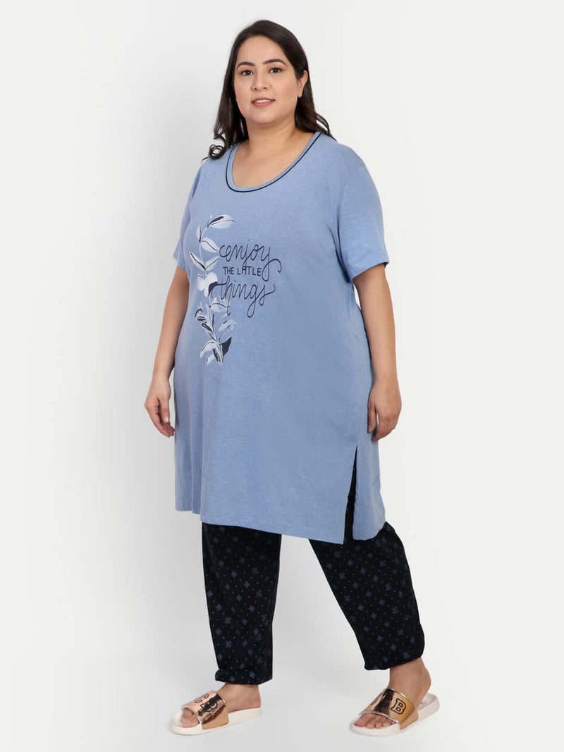 CUPID Women Printed Plus Size Cotton Night Dress, Loungewear, Nightwear, Night Suit, Daily Use Top n Pyjama Set with Pocket for Ladies_Black/Blue_6XL - Image 2