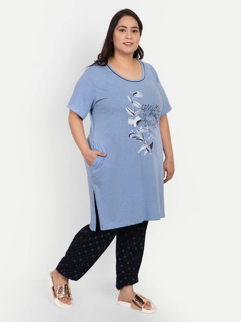 CUPID Women Printed Plus Size Cotton Night Dress, Loungewear, Nightwear, Night Suit, Daily Use Top n Pyjama Set with Pocket for Ladies_Black/Blue_6XL - Image 4
