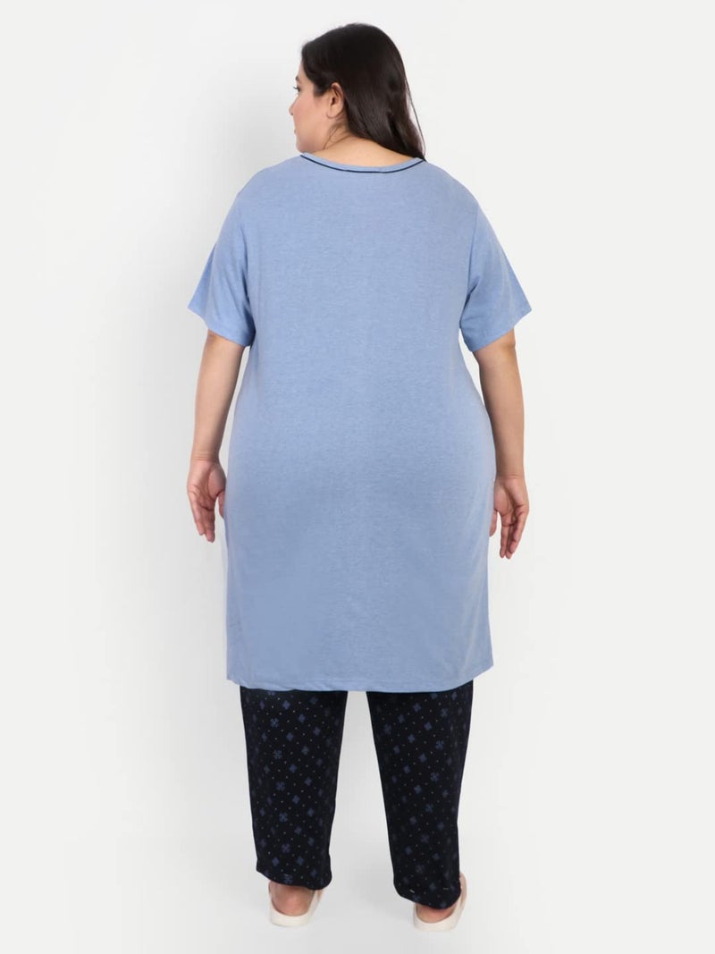 CUPID Women Printed Plus Size Cotton Night Dress, Loungewear, Nightwear, Night Suit, Daily Use Top n Pyjama Set with Pocket for Ladies_Black/Blue_6XL - Image 5