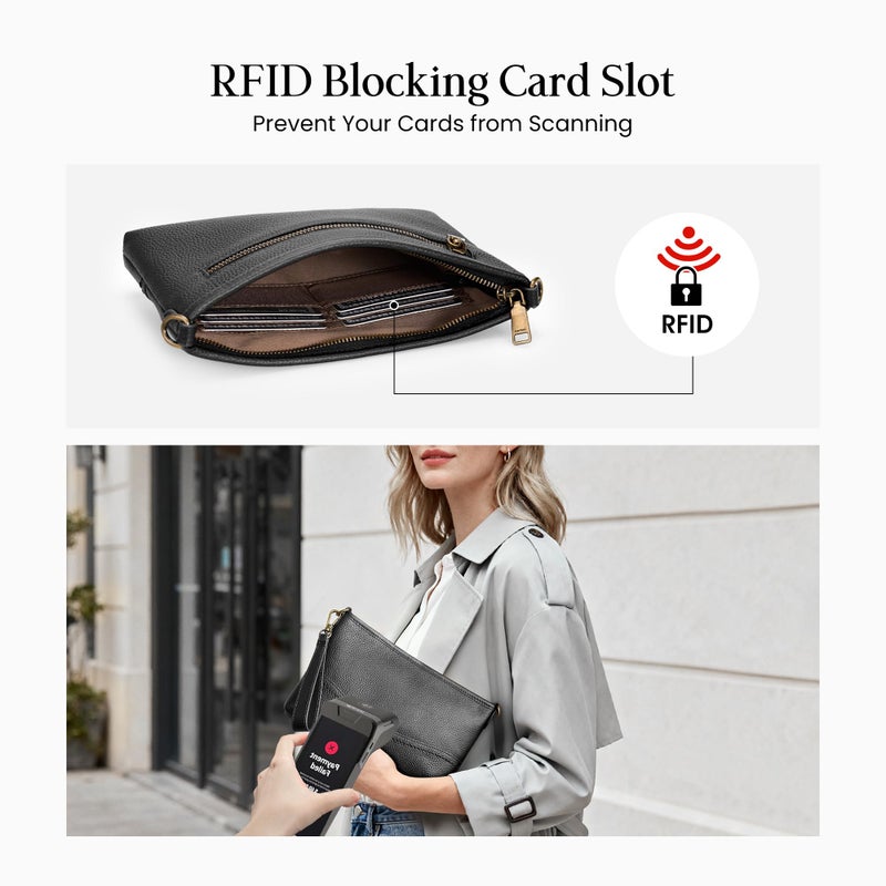 befen Genuine Leather Wristlet Wallets for Women Black Clutch Purse RFID Blocking Small Crossbody Bags Cell Phone Wallet Soft Leather Purse for Travel Women Shoulder Handbag with 2 Removable Straps - Image 3