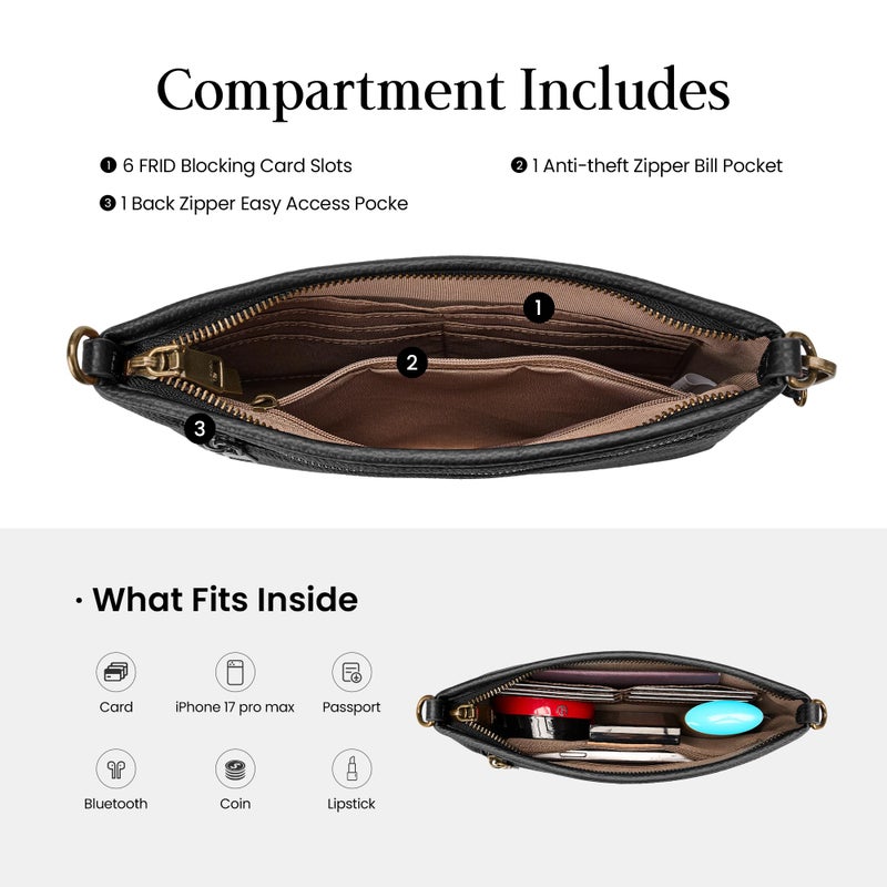 befen Genuine Leather Wristlet Wallets for Women Black Clutch Purse RFID Blocking Small Crossbody Bags Cell Phone Wallet Soft Leather Purse for Travel Women Shoulder Handbag with 2 Removable Straps - Image 5