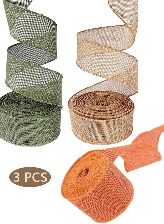 3 Rolls Craft Ribbon Wrapping Burlap Ribbon Natural Orange Olive Green Jute Crafts Ribbon For Wedding Gifts Fabric DIY Packing Vintage Wedding Party Decoration Colorful Satin Ribbon 3M*6CM - Image 1