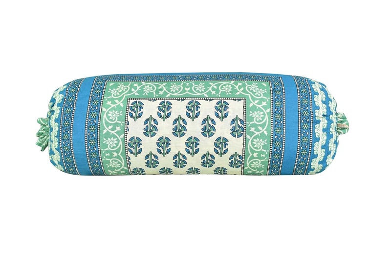 AMLEXTTRIZ Cream Flora Print Bolster Cover 100 Pure Cotton Set of 2 Round Decorative Pillow Cover for Diwan Bed Side Long Pillow Case Masand Pillowcases 16x32 Inch SkyBlue - Image 2