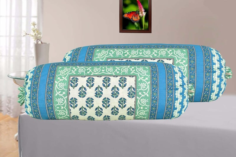 AMLEXTTRIZ Cream Flora Print Bolster Cover 100 Pure Cotton Set of 2 Round Decorative Pillow Cover for Diwan Bed Side Long Pillow Case Masand Pillowcases 16x32 Inch SkyBlue - Image 1