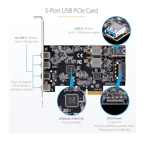 StarTech.com 5-Port USB PCIe Card, USB 3.2 10Gbps, PCI Express Card with 4X USB-C Ports, 1x USB-A Internal Port - Image 3