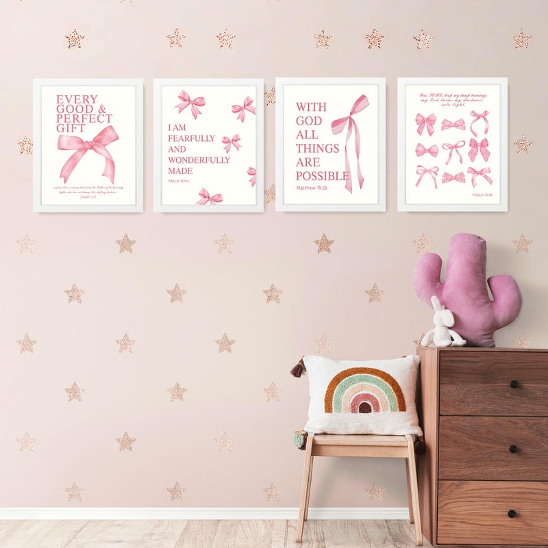 Lartsfro Coquette Pink Bow Wall Art Decor Posters  Pink Bow Room Bedroom Bathroom Dorm Wall Art Decor Aesthetic For College Teen Girls Gifts  Inspirational Bible Verses Bow Wall Decor  10X8 Inch Set Of 4 Pcs Bow Pictures (White Framed) - Image 3