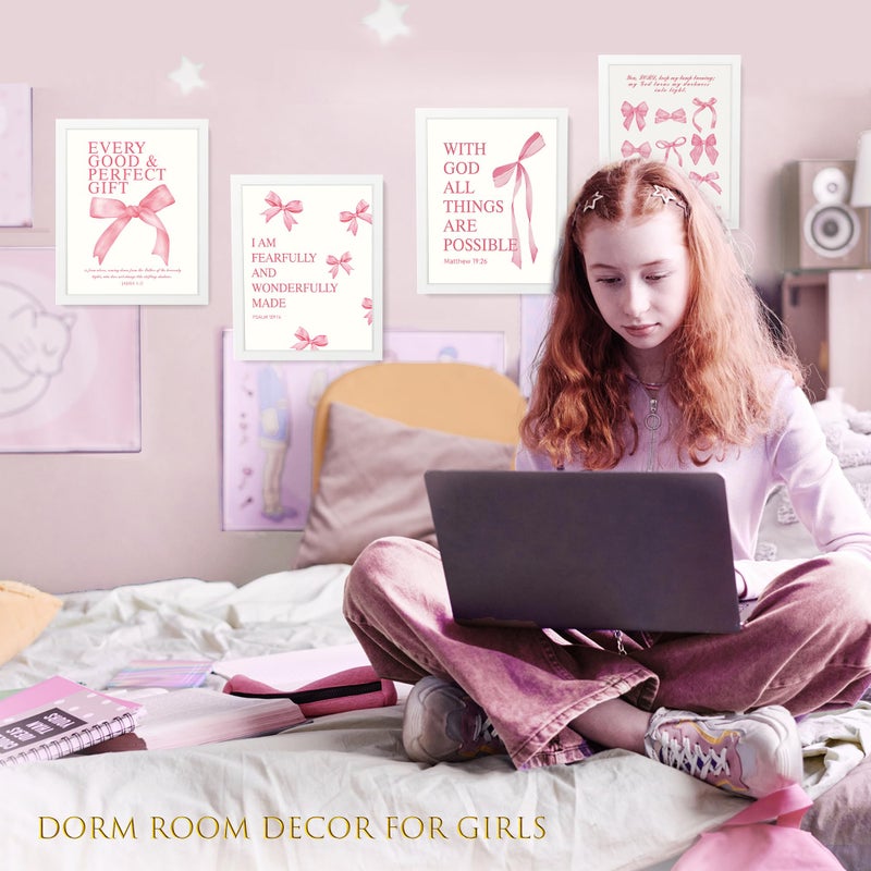 Lartsfro Coquette Pink Bow Wall Art Decor Posters  Pink Bow Room Bedroom Bathroom Dorm Wall Art Decor Aesthetic For College Teen Girls Gifts  Inspirational Bible Verses Bow Wall Decor  10X8 Inch Set Of 4 Pcs Bow Pictures (White Framed) - Image 4