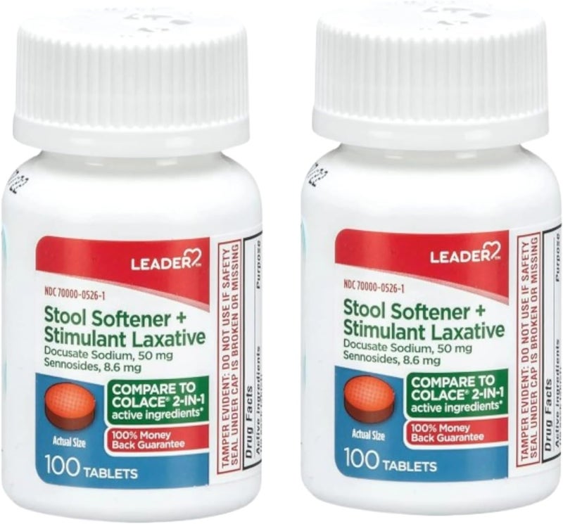 Leader LEADER 2-in-1 Stool Softener & Stimulant Laxative, Docusate Sodium 50mg, Sennosides 8.6 mg, Gentle Occasional Constipation Relief for Adults, Both Men & Women, & Children Ages 6+, 100 Tablets 2-Pack