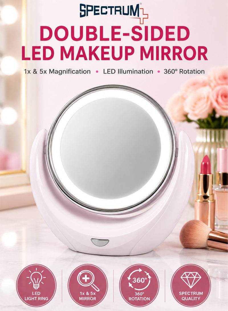 Spectrum Double Sided LED Makeup Mirror with 1X & 5X Magnification, 360° Rotating Vanity Mirror, Illuminated Beauty Mirror with LED Light Ring, Tabletop Cosmetic Mirror for Makeup, Skincare & Grooming, MWLM318-01 - Image 1