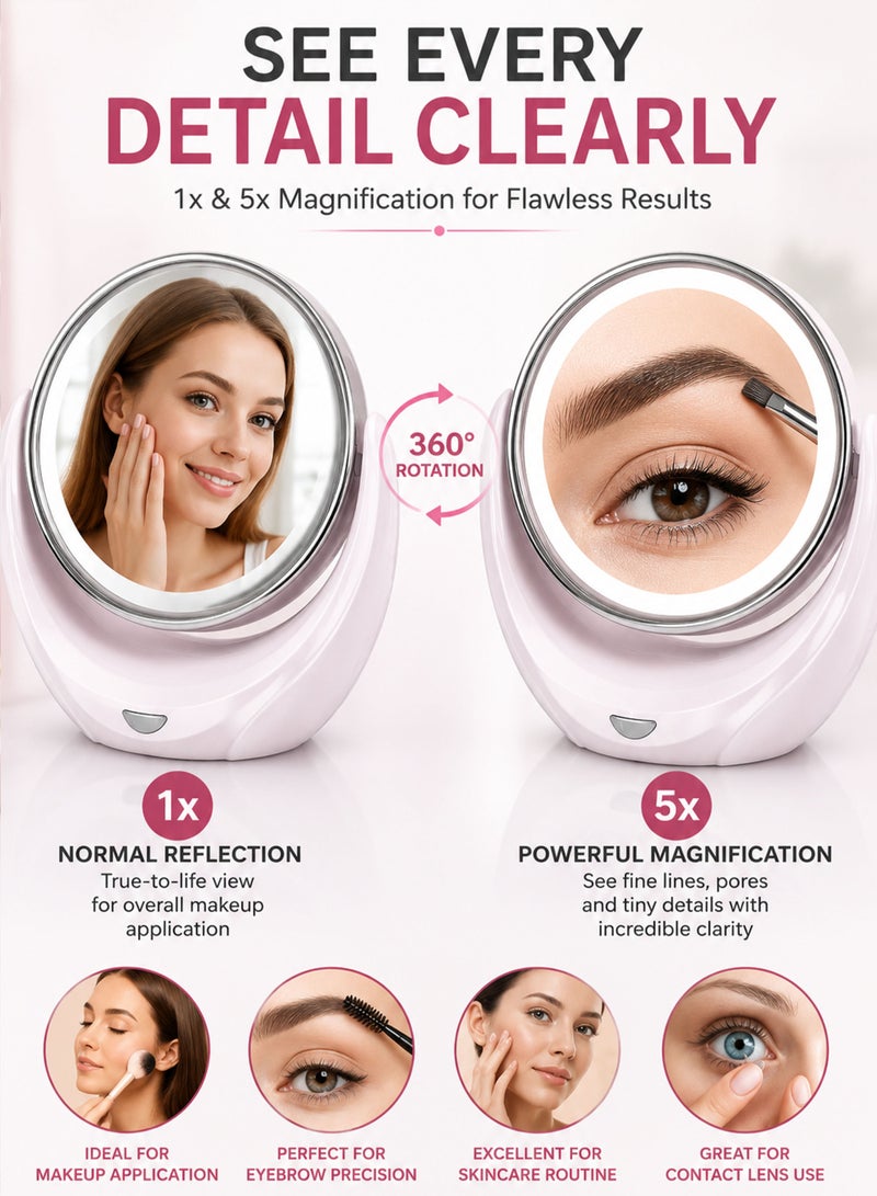 Spectrum Double Sided LED Makeup Mirror with 1X & 5X Magnification, 360° Rotating Vanity Mirror, Illuminated Beauty Mirror with LED Light Ring, Tabletop Cosmetic Mirror for Makeup, Skincare & Grooming, MWLM318-01 - Image 2