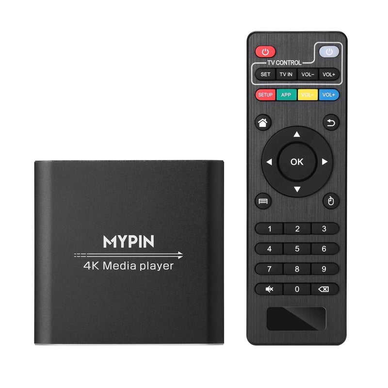 Mypin مشغل وسائط 4K مع جهاز تحكم عن بعد، مشغل MP4 رقمي لسعة 8TB HDD/محرك USB/بطاقة TF/دعم H.265 MP4 PPT MKV AVI مع مخرج HDMI/AV/بصري وفأرة/لوحة مفاتيح USB - HDMI حتى 7.1 صوت محيطي (أسود) - Image 1