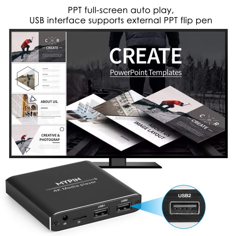 Mypin مشغل وسائط 4K مع جهاز تحكم عن بعد، مشغل MP4 رقمي لسعة 8TB HDD/محرك USB/بطاقة TF/دعم H.265 MP4 PPT MKV AVI مع مخرج HDMI/AV/بصري وفأرة/لوحة مفاتيح USB - HDMI حتى 7.1 صوت محيطي (أسود) - Image 5