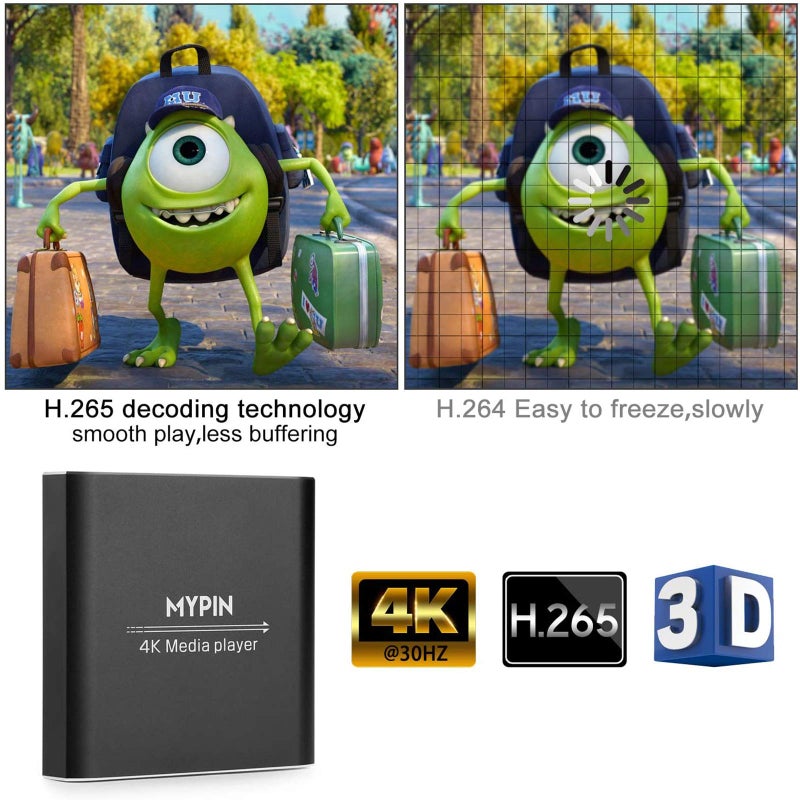 Mypin مشغل وسائط 4K مع جهاز تحكم عن بعد، مشغل MP4 رقمي لسعة 8TB HDD/محرك USB/بطاقة TF/دعم H.265 MP4 PPT MKV AVI مع مخرج HDMI/AV/بصري وفأرة/لوحة مفاتيح USB - HDMI حتى 7.1 صوت محيطي (أسود) - Image 2