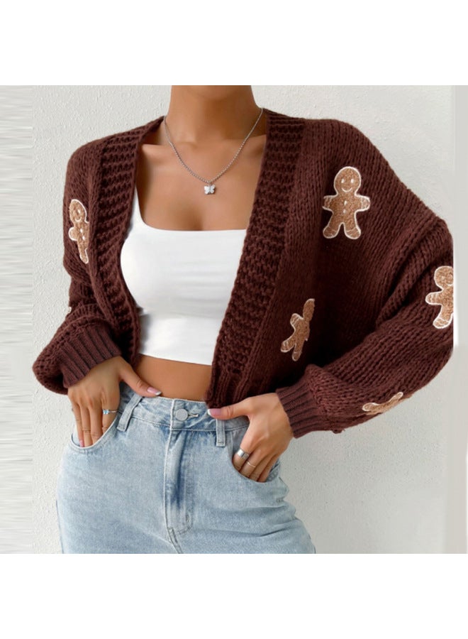European And American Women's Clothing S Best V-neck Cardigan With Cookie Man Pattern, Short Fashion Knitwear For Pee Sizes
