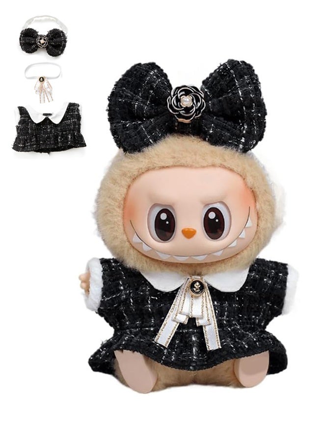17cm Doll Clothes - Luxury Chic Style Set for 17cm Dolls, Premium Doll Outfit with Accessories - Black Plaid Tweed Dress + White Necktie + Plaid Bow (NO Doll)  - Image 1