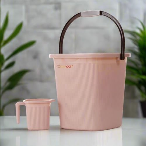 GALOOF Strong Bucket with Mug Bathroom Set of 2 for Kitchen & Bathroom | Solid Color Striped Pattern Balti with Mug (Ivory, 25 Liter Bucket + 1.5 Liter Mug) - Image 2