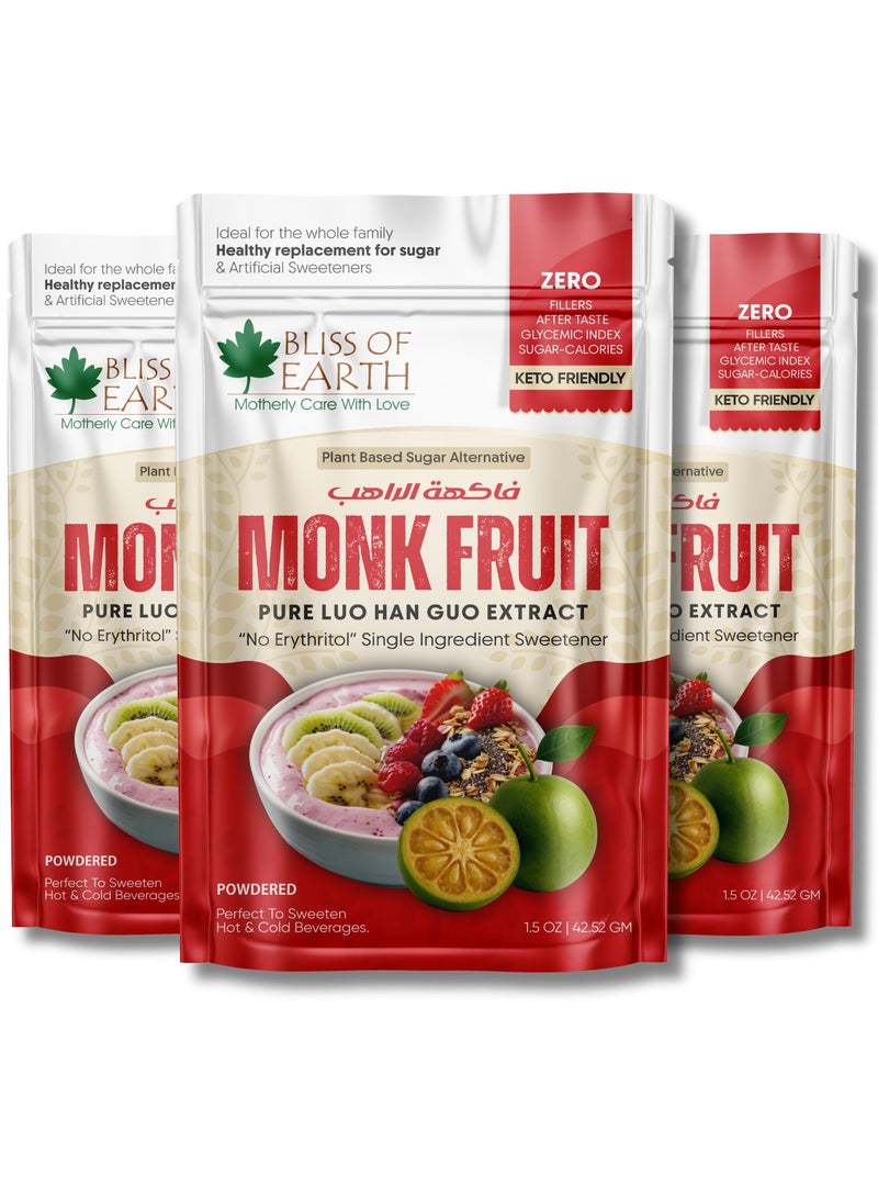 بليس اوف ايرث مُحلي فاكهة الراهب النقي بدون إريثريتول، مُحلي خالٍ من السكر وخالٍ من السعرات الحرارية، مناسب لمرضى الكيتو والسكري، مستخلص الراهب النقي، بديل للسكر للشاي والقهوة والخبز والطهي 1.5 أونصة- عبوة من 3 - Image 1