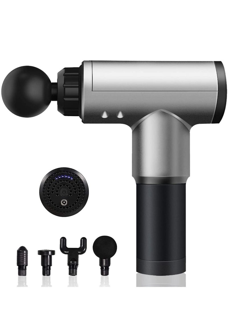 Massage Gun, Percussion Muscle Massager Deep Tissue Massage Gun for Pain Relief with 4 Massage Heads 6 Speed High-Intensity Vibration Super Quiet Cordless Handheld (SILVER) - Image 1