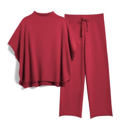 SeeLuNa Women's Two Piece Outfits 3/4 Batwing Sleeve Capelet Crew Neck Pullover Top Wide Leg Pants Lounge Set(Wine Red, L) - Image 1