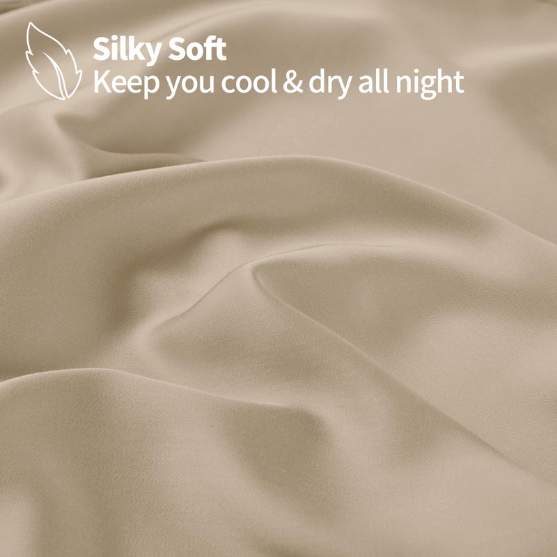 Zaizaihome Bamboo Viscose Cooling Fitted Sheet Twin XL Size Only  400 Thread Count  16"" Deep Pocket Cooling Bottom Sheets for Hot Sleeper  Silky Soft Breathable (Twin XL  Beige  - Image 2