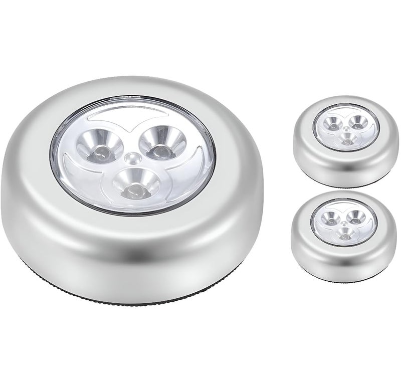 MeeTo Wireless LED Puck Light, Stick-Anywhere Closet Portable Tap Push Button Stair-Wall Lights for Cabinet, Hallway, Bathroom, Bedroom, Kitchen, 3 Battery Operated Low White Light, (Pack of 3) - Image 1