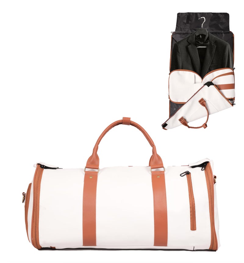 FROVA 2-in-1 Convertible Travel Bag for Women – Vegan Leather Garment Bag & 45L Duffle Bag – Weekender Carry On with Shoe Compartment, Wrinkle-Free Suit & Dress Bag for Flight Travel (White) - Image 1