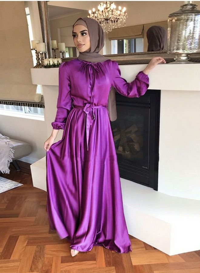 Loquat Women's Elegant Full Length Satin Dress Women's Solid Color Long Sleeves Tunic Dress Purple 