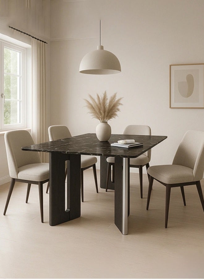 YI ONE Dining Table – Rectangular Black Marble Top with Stainless Steel & Wood Legs, 4–6 Seater Luxury Dining Table, 1600×850×760 mm - Image 1