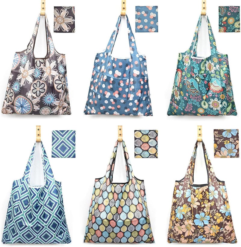 KASTWAVE Reusable Grocery Bag 6 Pcs, Foldable Eco-Friendly Shopping Bags, Lightweight Washable Ripstop Nylon Large Tote Bag - Image 1